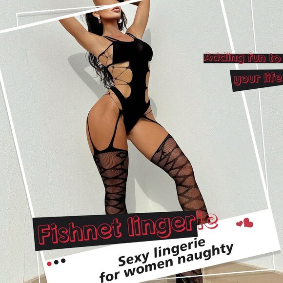 Naughty Plus Size Rhinestone Fishnet Lingerie – Irresistibly Seductive Outfit - Picture 2 of 6